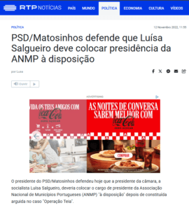 PSD/Matosinhos defende que Luísa Salgueiro deve colocar presidência da ANMP à disposição