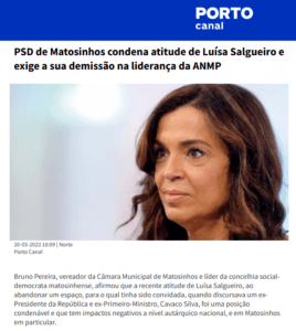 PSD de Matosinhos condena atitude de Luísa Salgueiro e exige a sua demissão na liderança da ANMP