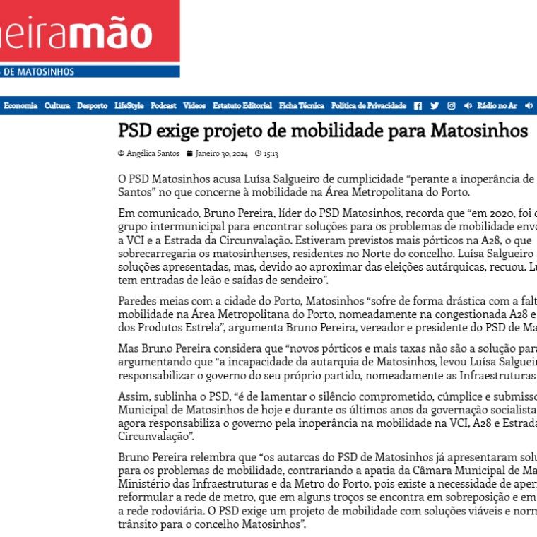 PSD exige projeto de mobilidade para Matosinhos